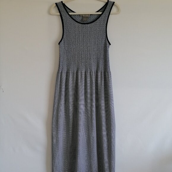 Lark + Grey Womens Navy Fitted Bodice Shirred Texture Maxi Striped Dress Sz L/XL - Picture 1 of 6